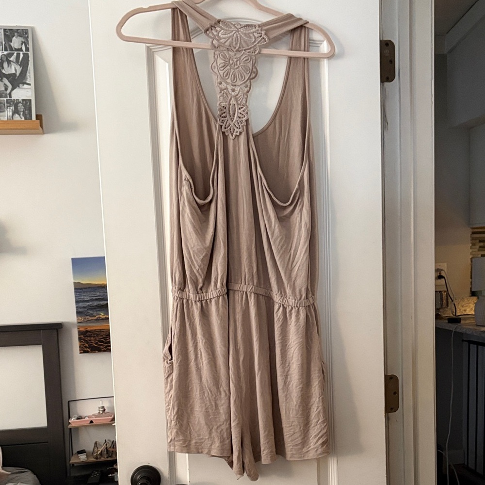 Aerie Tan romper or coverup drawstring waist and pockets - Picture 3 of 5